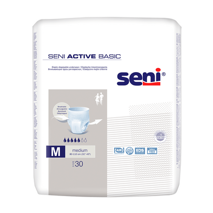 En 30-pack Seni Active Basic inkontinensbyxor i storlekarna M-XL från TZMO Deutschland GmbH. Den övervägande vita förpackningen innehåller blå och grå text, en blöjbild och produktinformation. Lämplig för midjemått på 60–110 cm.