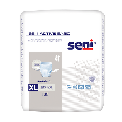 En 30-pack Seni Active Basic inkontinensbyxor (storlek XL, 130-150 cm) från TZMO Deutschland GmbH kommer i en vit förpackning med blå och grå accenter och flerspråkiga produktdetaljer.