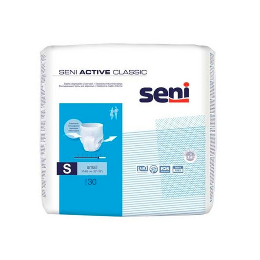 Eine Packung TZMO Deutschland GmbH Seni Active Classic Einweg-Inkontinenzhosen in kleiner Größe, enthält 30 Stück. Die Verpackung ist weiß und blau mit Produktdetails und Markenlogo.