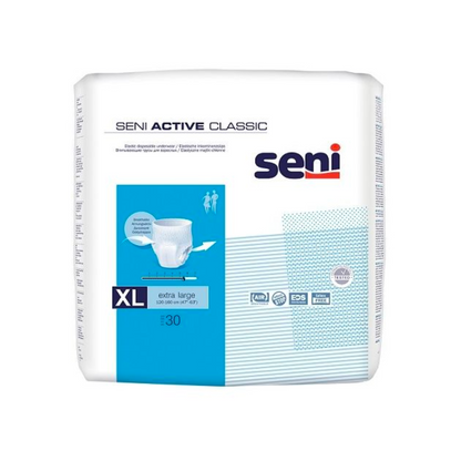 Ett 30-pack Seni Active Classic Pants inkontinensbyxor från TZMO Deutschland GmbH i XL för blåsproblem. Den vita förpackningen är försedd med blå-svart text, branding och produktinformation och erbjuder optimal bärkomfort.
