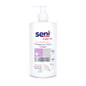 Eine Flasche Seni Care Handschutzcreme mit Sheabutter der TZMO Deutschland GmbH mit Pumpspender. Auf dem Etikett steht, dass die Creme vegan, parfümfrei und mit Sheabutter ist. Symbole veranschaulichen die Wirksamkeit