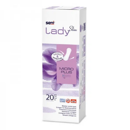 En rektangulär låda Seni Lady Slim Micro Plus inlägg från TZMO Deutschland GmbH i lila och vitt innehåller 20 pads och framhäver de viktigaste funktionerna – idealisk för droppinkontinens.