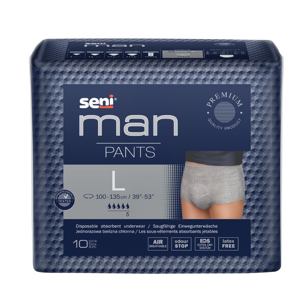 En förpackning Seni Man Pants absorberande underkläder för män från TZMO Deutschland GmbH, högkvalitativa vuxenblöjor för inkontinens i stor storlek, med grå linning och ett diagram som visar passformen på en skyltdocka. Innehåller 10