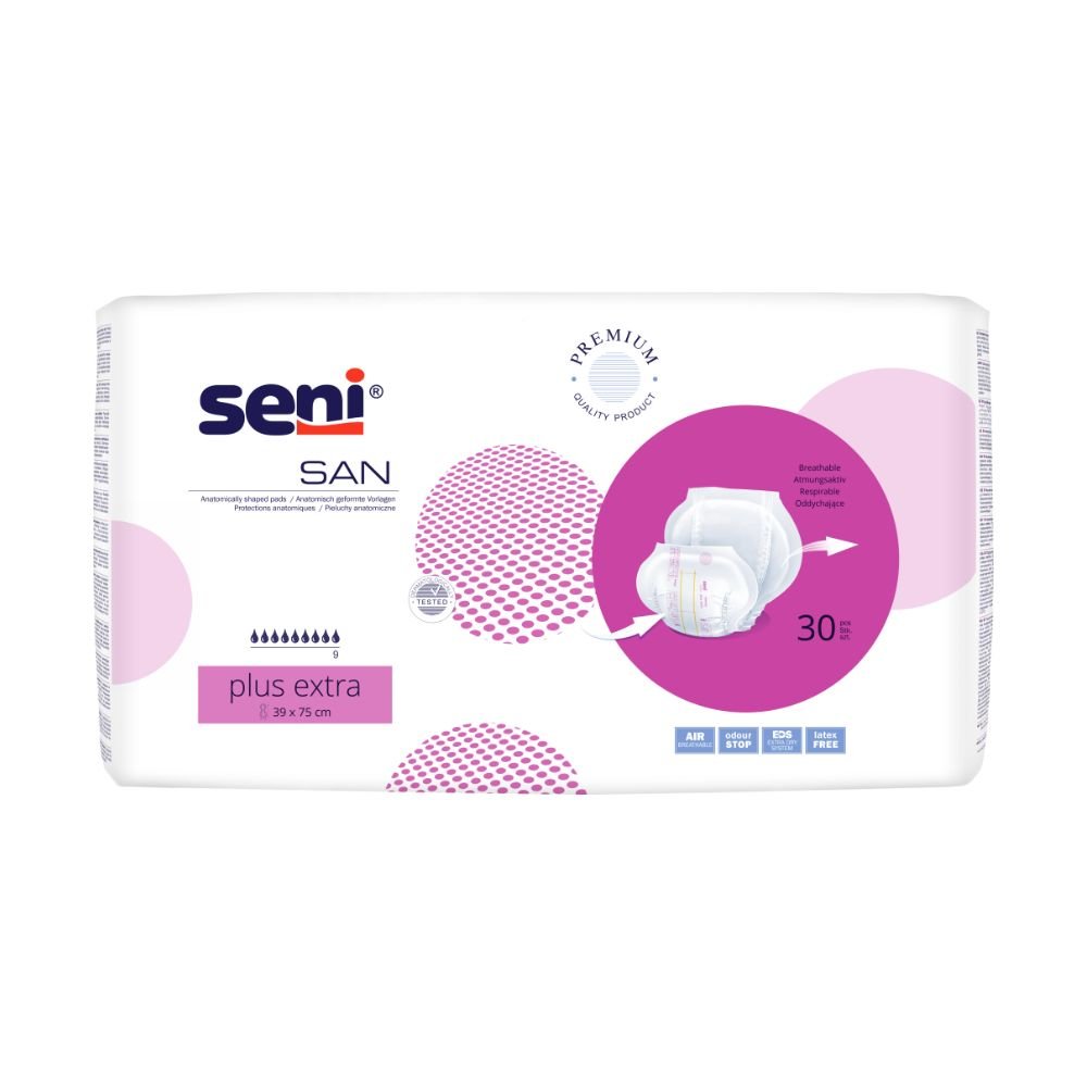 Bilden visar ett paket Seni San Plus Extra inkontinensskydd (30 stycken) från TZMO Deutschland GmbH. Den vita förpackningen med rosa och lila cirklar bär produktnamnet, en bild av en dyna och framhäver premiumkvalitet och säkerhetsläckageskydd.