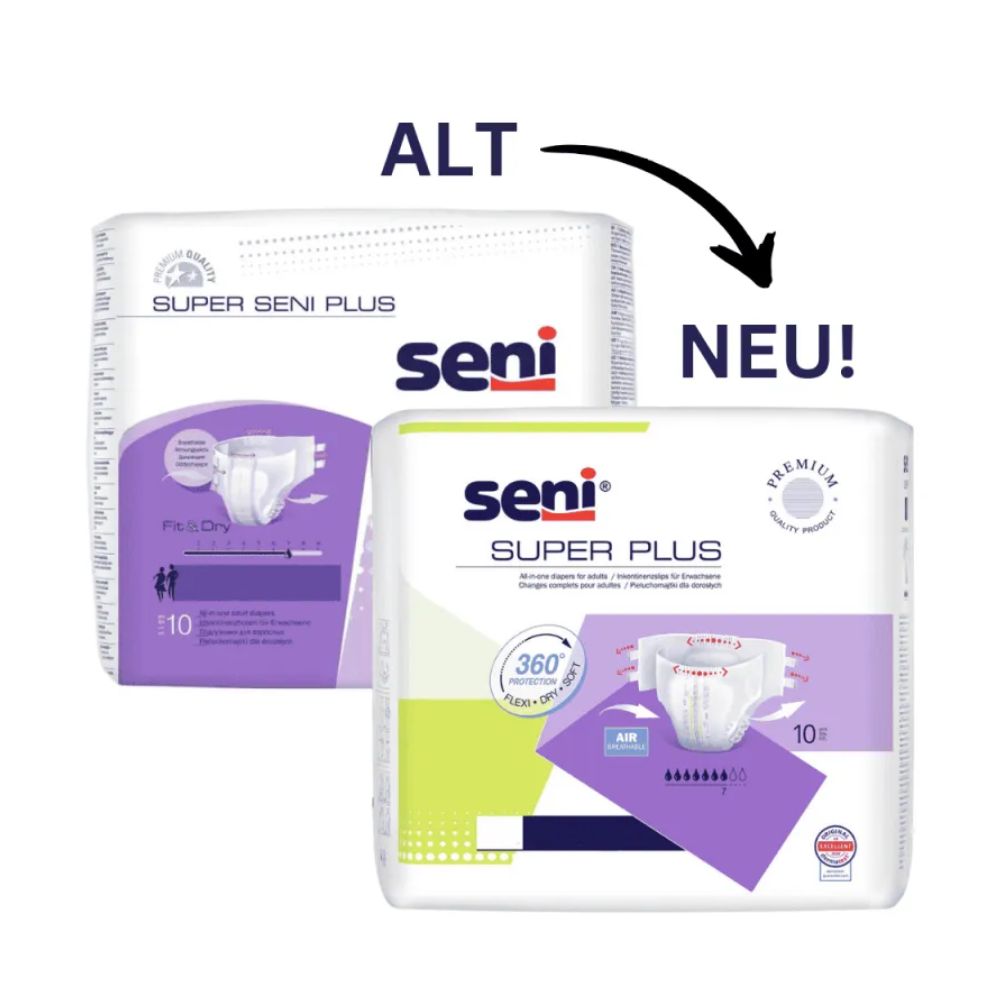 Avbildade är två paket Seni-blöjor: Den vänstra är "Super Seni Plus" med en violett design och texten "ALT", medan den högra, med texten "NEU!", har uppdaterats till "Seni Super Plus Andningsbara Inkohortsbyxor" från TZMO Deutschland GmbH och har ett dubbelt tejpfäste och den avancerade superabsorberande teknologin.