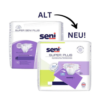 Avbildade är två paket Seni-blöjor: Den vänstra är "Super Seni Plus" med en violett design och texten "ALT", medan den högra, med texten "NEU!", har uppdaterats till "Seni Super Plus Andningsbara Inkohortsbyxor" från TZMO Deutschland GmbH och har ett dubbelt tejpfäste och den avancerade superabsorberande teknologin.
