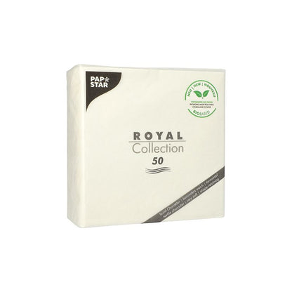 En förpackning PAPSTAR "ROYAL Collection" servetter 1/4-vikning, innehåller 50 stycken och är idealisk för din bordsdekoration. Förpackningen har en miljövänlig etikett med ett bladmotiv som indikerar 100% komposterbarhet. Dessa vita servetter, tillverkade av PAPSTAR GmbH, visar en enkel och elegant branding.