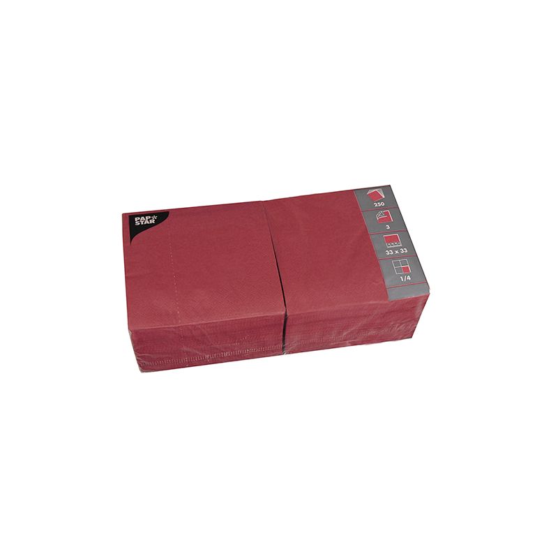 Eine Packung PAPSTAR 250 Servietten, 3-lagig 1/4-Falz der PAPSTAR GmbH, mit seitlich abgebildeten Produktdetails wie Abmessungen und Menge, dargestellt vor einem weißen Hintergrund.