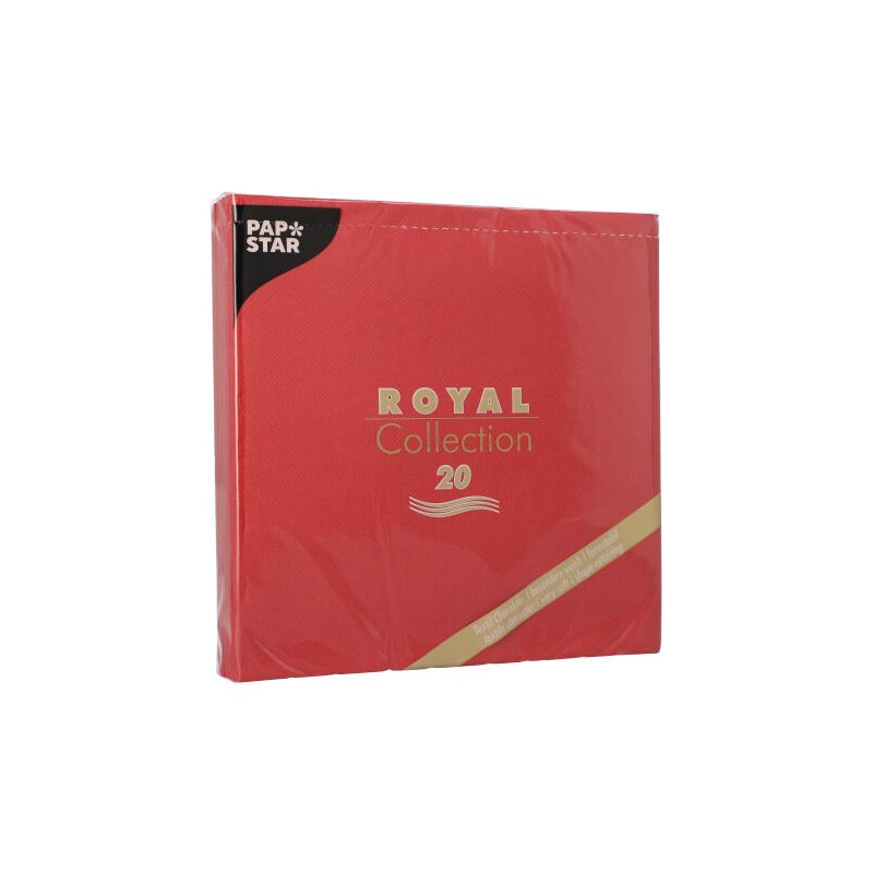 Ett rött paket med servetter 1/4-vikning 40 cm x 40 cm från PAPSTAR GmbH "ROYAL Collection". Förpackningen har en guld-vit text samt en liten svart hörnetikett. Dessa servetter är idealiska för varje bordsdekoration och ger din miljö elegans.
