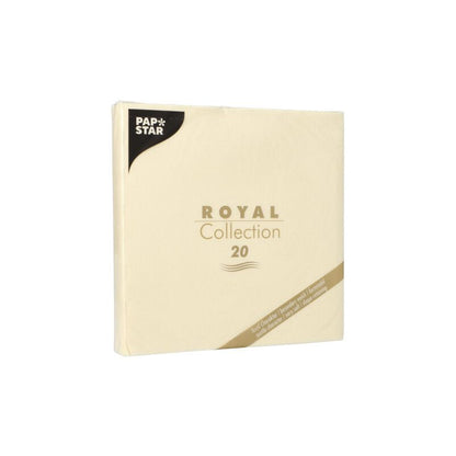 PAPSTAR servettpaket "ROYAL Collection" från PAPSTAR GmbH, bestående av 20 servetter i utsökt design. Den krämfärgade förpackningen med guld- och svart text ger varje dukat bord en elegant touch.