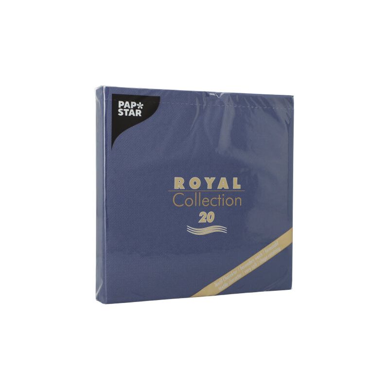 De 20 servetterna "ROYAL Collection" från PAPSTAR GmbH i formatet 40x40 cm, 1/4-vikning, kommer i blå förpackning med guld-vit skrift och diagonalt guldstreck - idealiskt för en stilfull bordsdekoration.