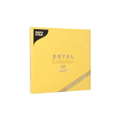 Bild av ett gult paket med texten "ROYAL Collection 20" och PAPSTAR-logotypen i det övre vänstra hörnet. Paketet innehåller 20 pappersservetter, idealiska för en elegant bordsdekoration.