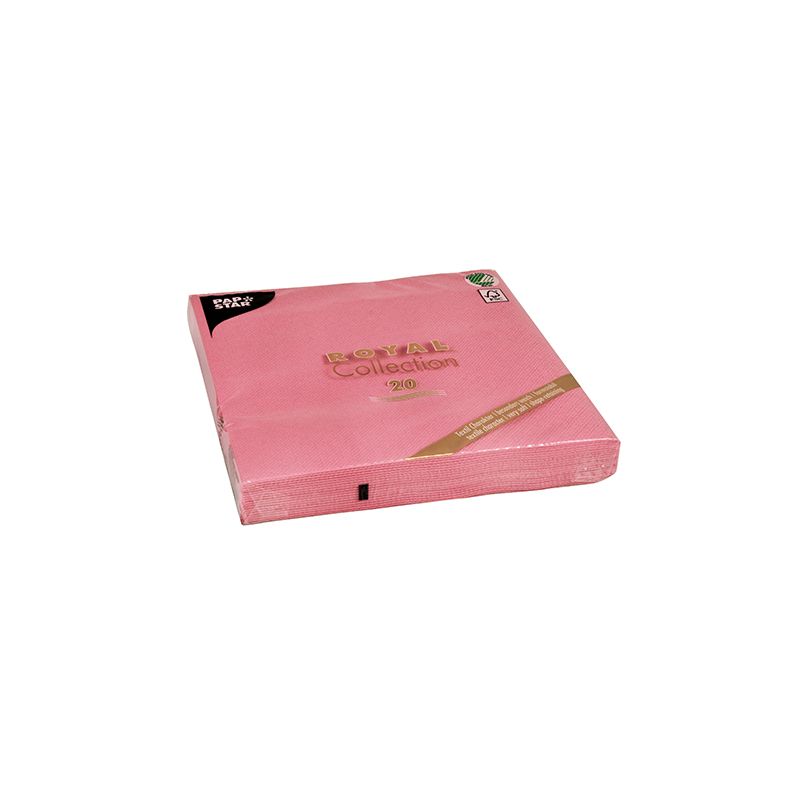En förpackning PAPSTAR servetter 1/4-vikning 40 cm x 40 cm från "ROYAL Collection" av PAPSTAR GmbH ger din bordsdekoration en elegant touch. Förpackningen betonar att dessa rosa servetter är dubbelskiktade och miljövänliga och erbjuder både elegans och hållbarhet för din bordsdekoration.
