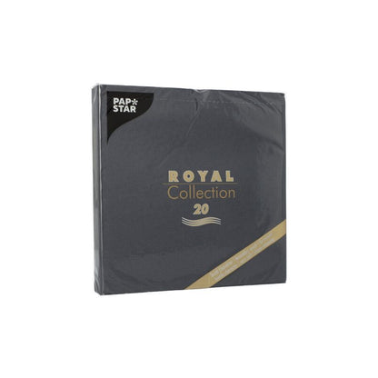 Avbildad är en svart förpackning PAPSTAR 20 servetter "ROYAL Collection" 1/4-vikning (40x40 cm) från PAPSTAR GmbH med gyllene text på vit bakgrund - idealiskt för en stilfull bordsdekoration.