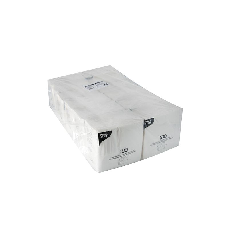 En klar förpackning PAPSTAR GmbH 1-lagerservetter, 33x33 cm, vit, idealisk för fester. Storförpackningen (1200 stycken) är perfekt för festliga tillfällen och har märkes- och produktinformation på framsidan.