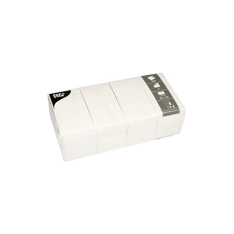En förpackning med 250 vita, 2-lagers PAPSTAR servetter (33x33 cm, 1/8-vikta) från PAPSTAR GmbH, förpackad i klar plast med en grå-vit etikett uppe till höger.