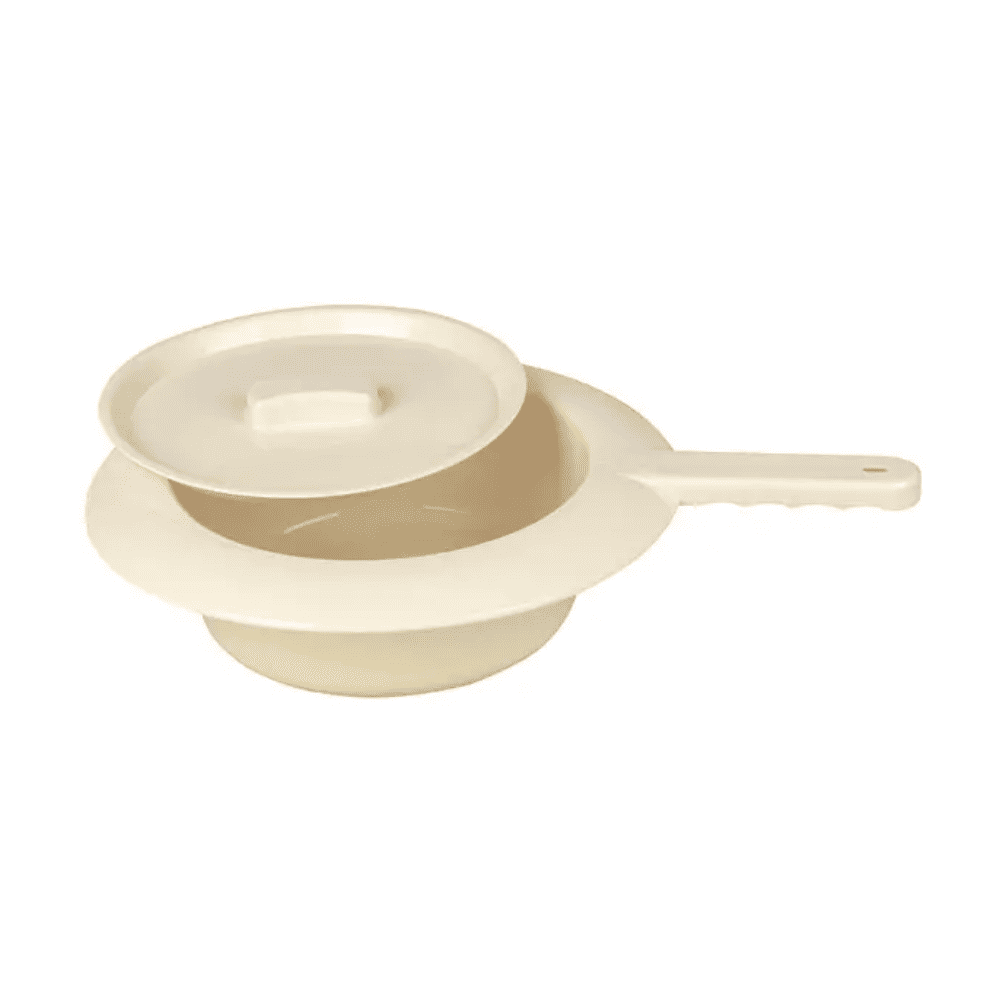 Mot en vit bakgrund visas Servoprax stickbäcken av plast - 300 x 80 mm från Servoprax GmbH. Den består av en beige polypropylenstruktur med lock och handtag. Locket är lätt öppnat och ger en inblick i bäckenets insida, vilket understryker dess enkla och funktionella design.