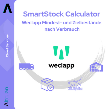 Logotyp och reklambild för ”SmartStock Calculator: Weclapp minimi- och målbestandsräknare enligt förbrukning” av Altruan med symbolerna för en lastbil, en presentlåda och ett diagram som symbol för lagerhantering mot en ljus bakgrund.