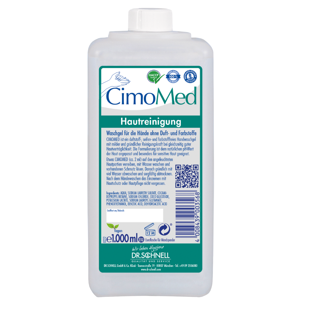 En 1000 ml vit plastflaska Dr. Schnell CIMOMED handtvättgel, doft- och färgfri, för hudrengöring från DR.SCHNELL GmbH & Co. KGaA, idealisk för känslig hud med blå/grön etikett, QR-kod, certifieringar och tysk instruktion.
