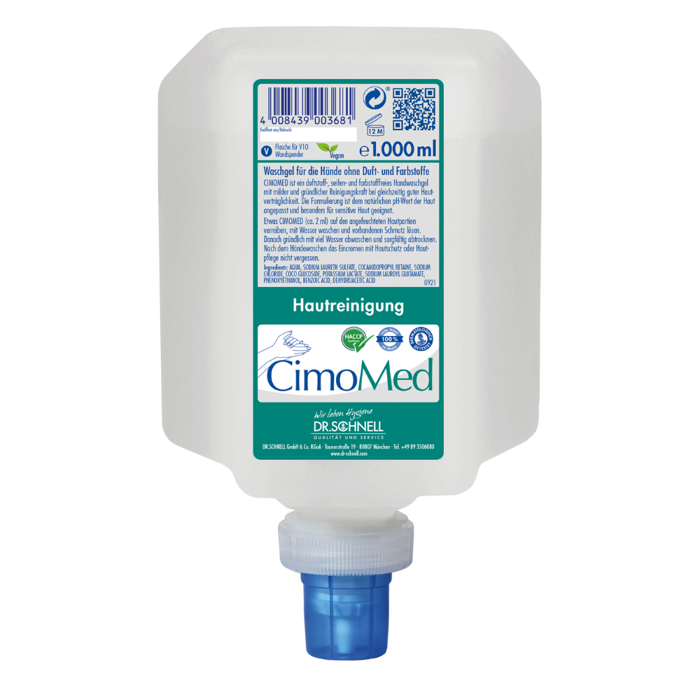 En vit 1000 ml flaska Dr. Schnell CIMOMED handtvättgel, doft- och färgfri för hudrengöring från DR.SCHNELL GmbH & Co. KGaA, med blå dispenserlock och tysk etikett med ingredienser och användningsinstruktioner för känslig hud.