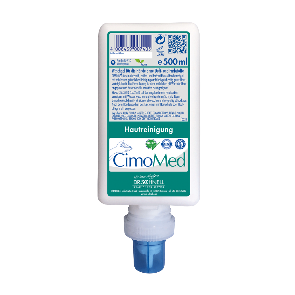 En 500 ml flaska Dr. Schnell CIMOMED handtvättgel från DR.SCHNELL GmbH & Co. KGaA, doft- och färgfri för hudrengöring, med vitt, tyskt logo och blå dispenser - idealisk för känslig hud.