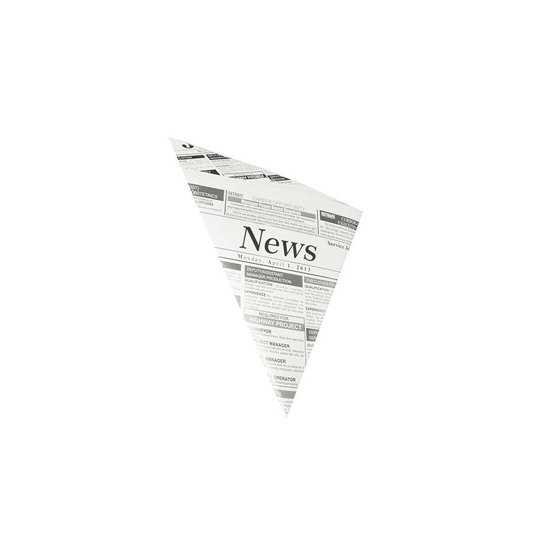 De spetsiga påsarna i pergamentersättning från PAPSTAR GmbH är i triangulär “Newsprint”-design med fetstilta “News” och påminner därmed om klassiska spetsiga påsar av tidningar. Resten av texten består av små, delvis synliga rubriker på enkel vit bakgrund, som påminner om njutningen av pommes frites och snacks.