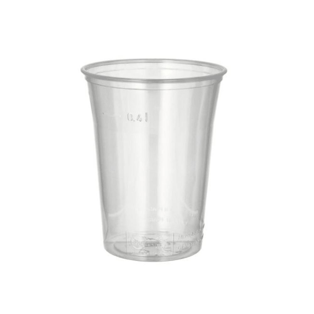 Starpak 75 dricksmugg, en klar PS-mugg med skumkant från Starpak, är avbildad tom med en lätt utsvängd kant mot en enfärgad vit bakgrund.
