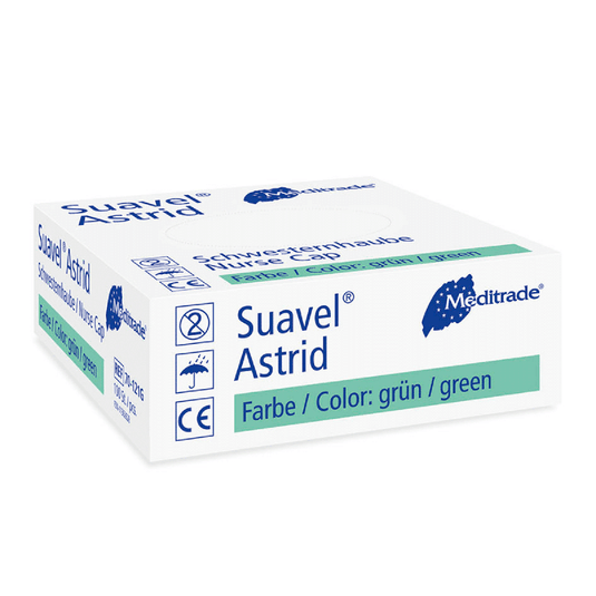 En förpackning Meditrade Suavel® Astrid sjuksköterskemössa operationshandskar från Meditrade GmbH. Förpackningen är huvudsakligen vit och blå, men texten anger att handskarna är gröna. Symboler anger att handskarna är avsedda för engångsbruk.