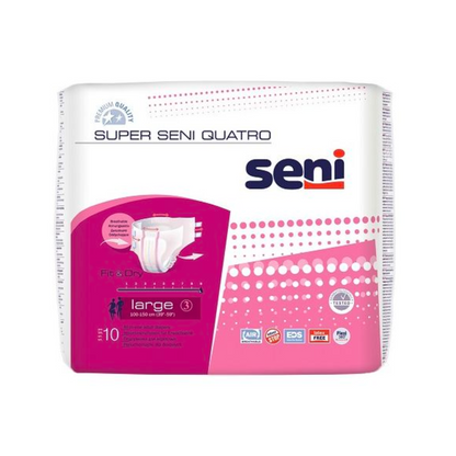 En 10-pack Super Seni Quatro inkontinensbyxor från TZMO Deutschland GmbH, storlek L med lila och rosa accenter. Med "Fit & Dry" läckageskydd, idealisk vid urinblåsesvaghet. Olika kvalitetssymboler på förpackningen.