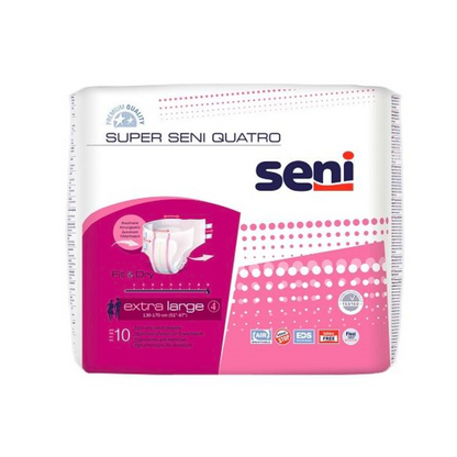 En förpackning TZMO Deutschland GmbH Super Seni Quatro inkontinensbyxor för vuxna med urinblåsesvaghet, extra stor storlek, med läckageskydd och förpackning i rosa, vitt och blått.