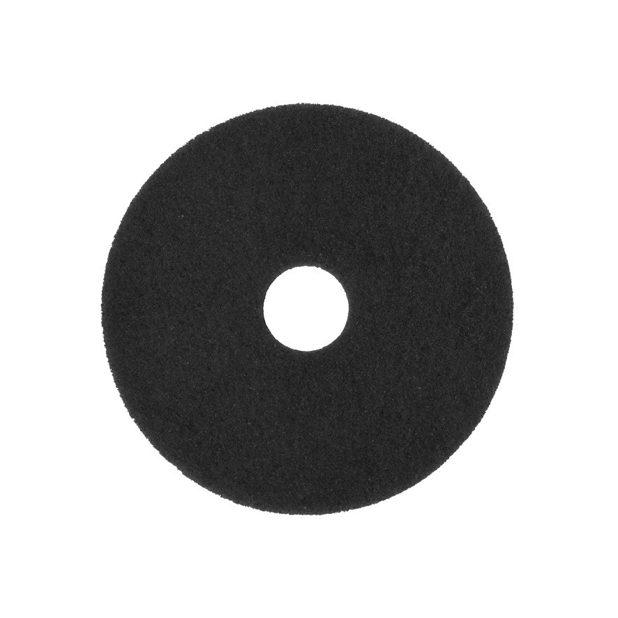 En svart, cirkulär Arcora Superpad Schwarz rengöringspad från Arcora International GmbH för våtrengöring på okänsliga beläggningar, med ett mittshål, avbildat på vit bakgrund.
