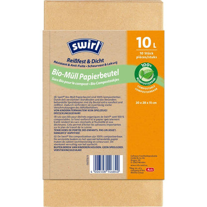 De Swirl bioavfallspapperspåsar 10 l Rivsäker & Tät från Melitta Europa GmbH & Co. KG innehåller 10 komposterbara påsar på en rulle och levereras i en brun förpackning med gröna och orange accenter.
