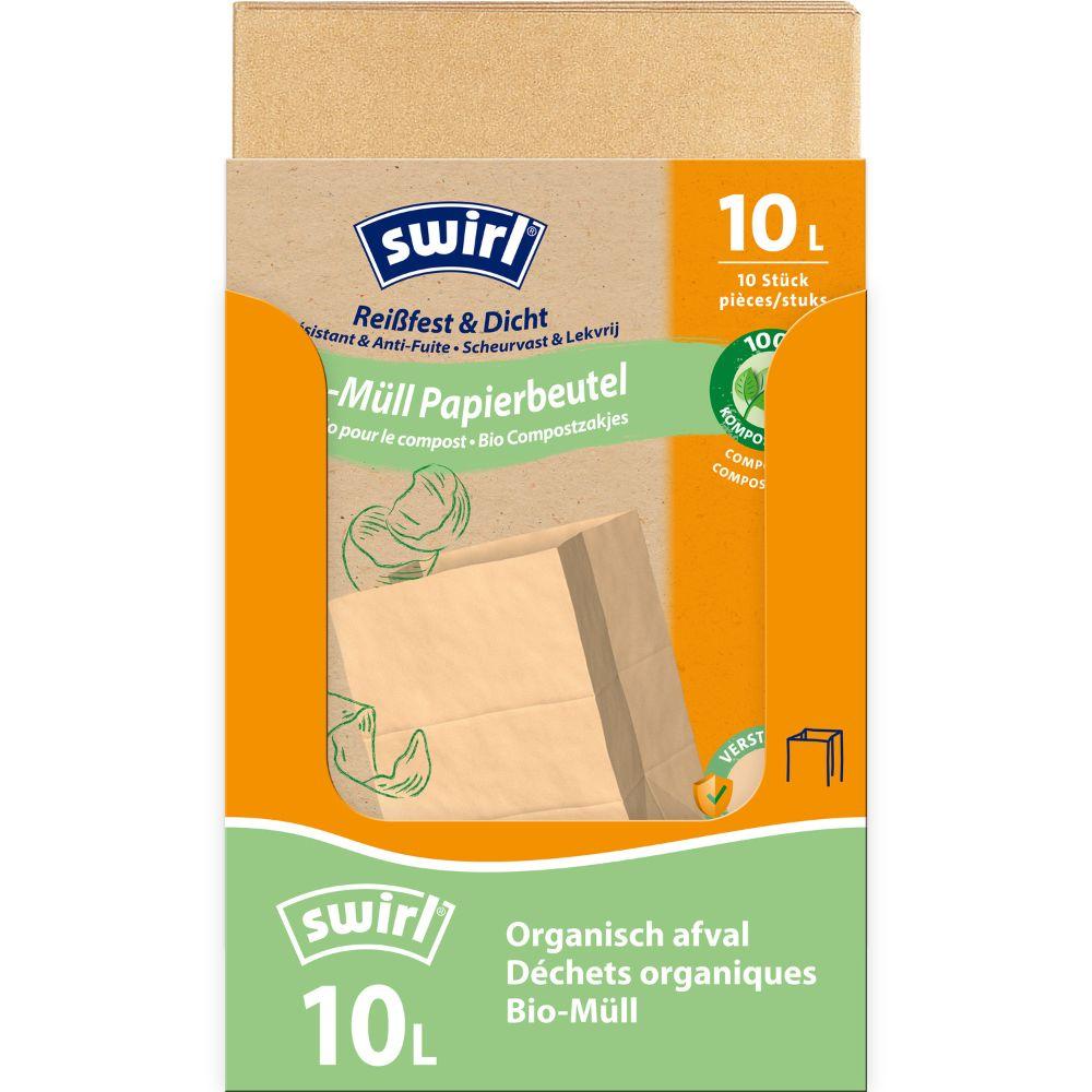 En rulle Swirl bioavfallspapperspåsar 10 l Rivsäker & Tät från Melitta Europa GmbH & Co. KG innehåller 10 stabila, komposterbara papperspåsar för bioavfall, med flerspråkig text och en kålillustration.