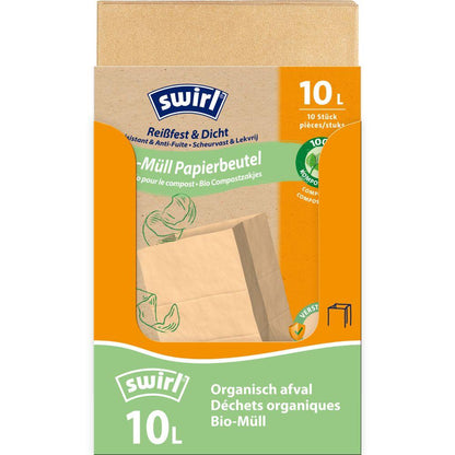 En rulle Swirl bioavfallspapperspåsar 10 l Rivsäker & Tät från Melitta Europa GmbH & Co. KG innehåller 10 stabila, komposterbara papperspåsar för bioavfall, med flerspråkig text och en kålillustration.