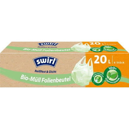 En rulle Swirl bioavfallspåsar med bärhandtag (20L, 6 påsar) från Melitta Europa GmbH & Co. KG – rivsäker, läckagesäker, DINplus-certifierad, komposterbar. Grön påsbild på förpackningen.