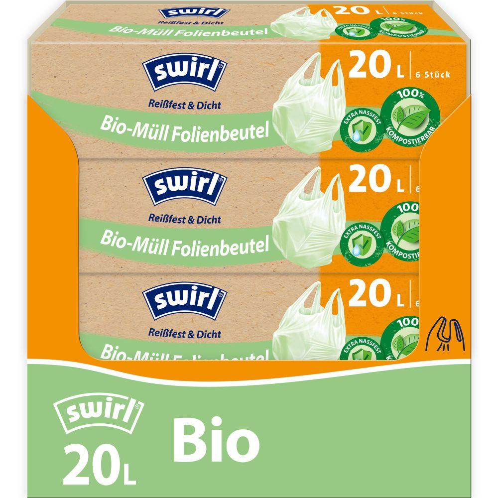 En rulle Swirl bioavfallspåsar med bärhandtag (20L, 6 påsar) från Melitta Europa GmbH & Co. KG med märkningen ”komposterbar”, DINplus-certifierad plakett, gröna och orange accenter och en vit soppåseillustration.