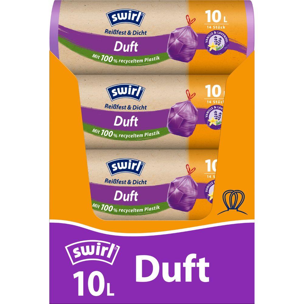 Avbildad är en rulle Swirl doftsoppåsar vanilj-lavendel 10l Rivsäker & Tätslutande från Melitta Europa GmbH & Co. KG med 14 soppåsar som doftar vanilj och lavendel och består av minst 100 % återvunnen plast.