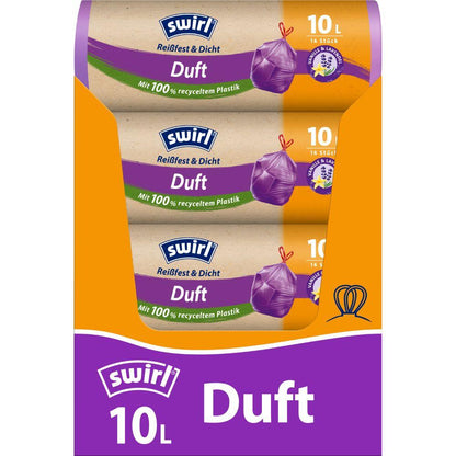 Avbildad är en rulle Swirl doftsoppåsar vanilj-lavendel 10l Rivsäker & Tätslutande från Melitta Europa GmbH & Co. KG med 14 soppåsar som doftar vanilj och lavendel och består av minst 100 % återvunnen plast.