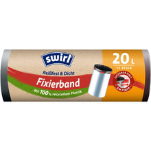Den Swirl Fixeringsband-soppåse 20 l Rivsäker & Tät från Melitta Europa GmbH & Co. KG kommer i en 15-rulle med brunt-orange etikett, rivsäker folie, av återvunnen plast och med ett soptunnesmotiv.