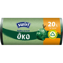 Eine Rolle Swirl Öko-Müllbeutel mit Zugband 20l Reißfest & Dicht von Melitta Europa GmbH & Co. KG enthält 18 umweltfreundliche Müllbeutel in grüner und oranger Verpackung mit Recyclingsymbol, hergestellt aus recyceltem Kunststoff.