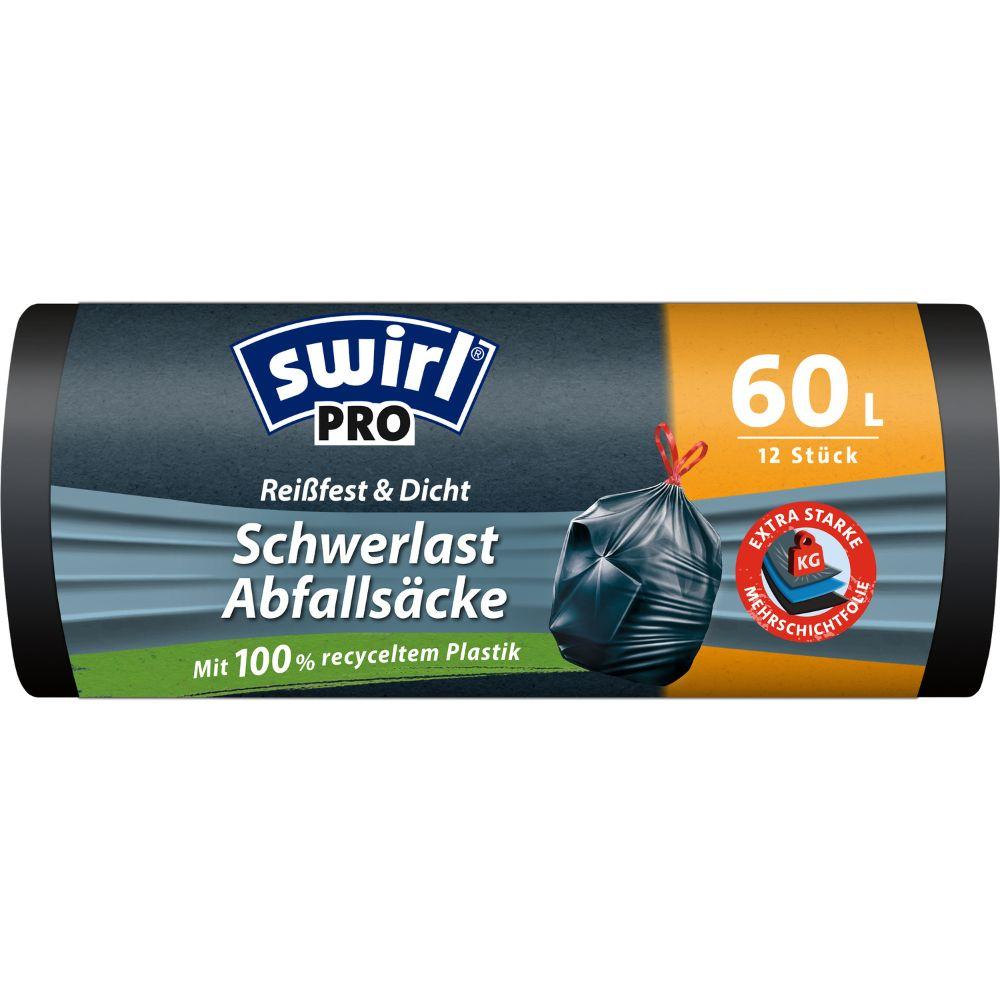 Die Swirl Schwerlast-Säcke Profi mit Zugband 60 l Reißfest & Dicht der Melitta Europa GmbH & Co. KG werden auf einer Rolle mit 12 extra reißfesten Säcken geliefert, in einer schwarz-gelben Verpackung aus 100 % Recycling-Kunststoff.