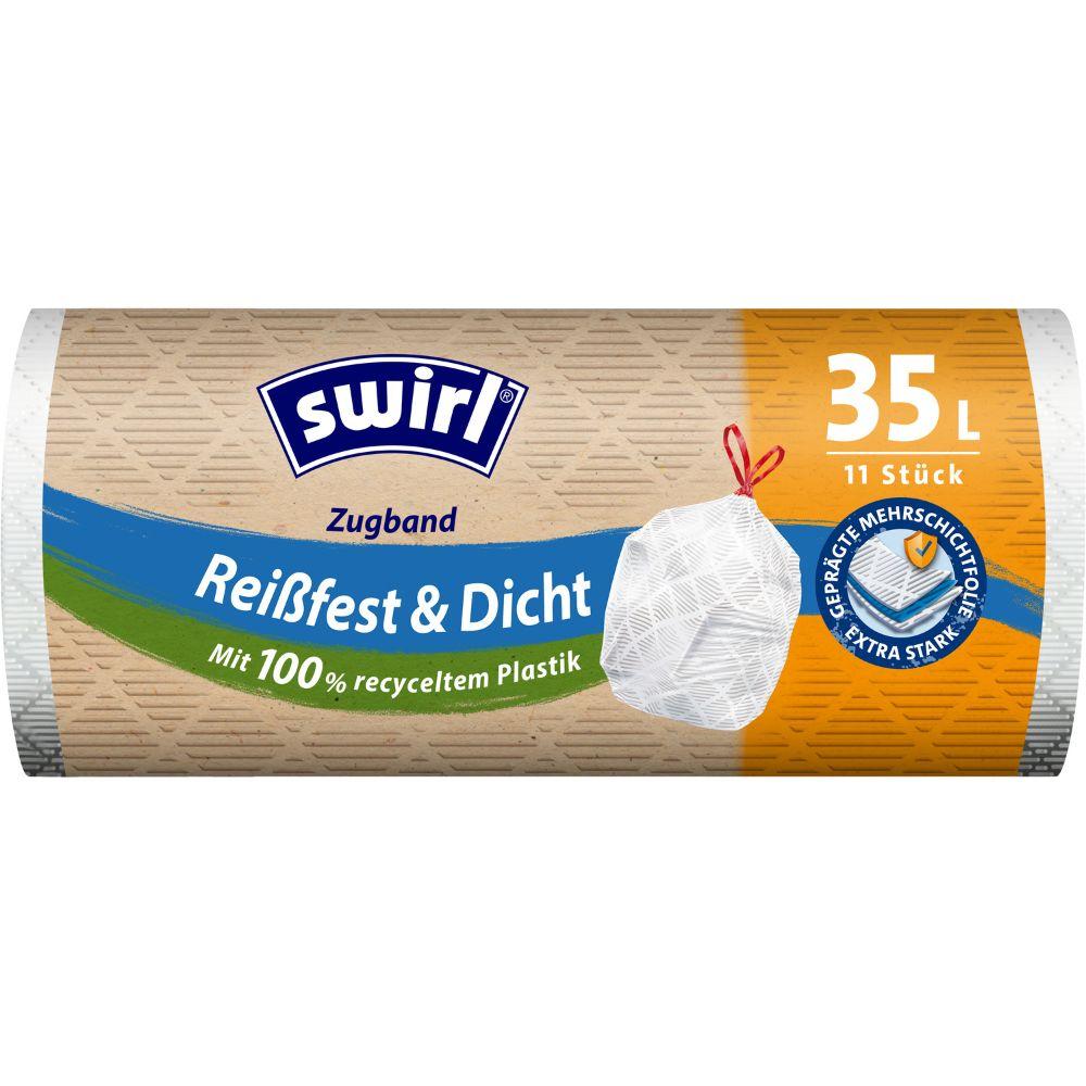 Eine Rolle Swirl Zugband-Müllbeutel 35L (11 Beutel) von Melitta Europa GmbH & Co. KG, hergestellt aus 100 % recyceltem Kunststoff mit Mehrschichtfolie für Reißfestigkeit und dichten Verschluss.