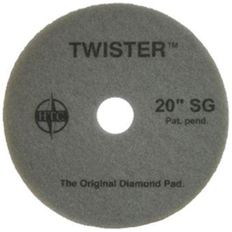 Twister Pad 10000 från Diversey Deutschland GmbH & Co. OHG är en rund, grå golvpad med ett centralt hål och tryck "TWISTER 20'' SG - The Original Diamond Pad". Perfekt för rengöring och polering av hårda golv.