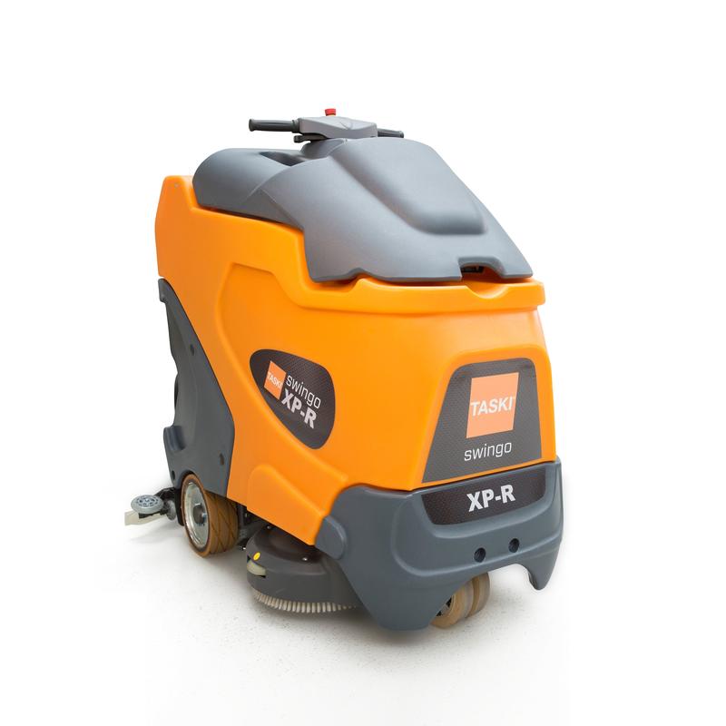Den TASKI swingo XP R från Diversey Deutschland GmbH & Co. OHG är en orange/grå, batteridriven skurmaskin med åkprincip, idealisk för stora ytor, inkl. 4x 6V-180Ah batteri och integrerad laddare.