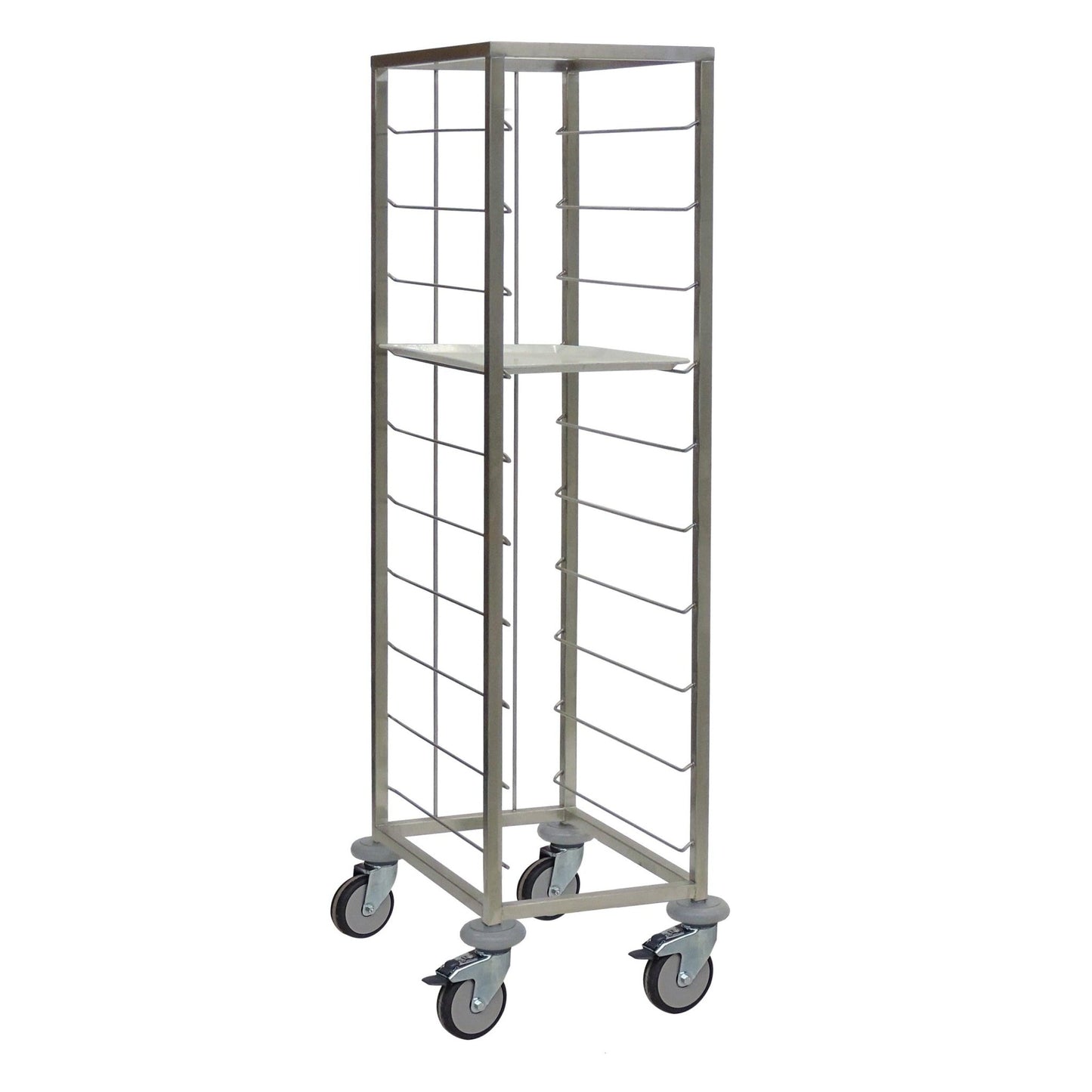 Novocal tablettvagnen i rostfritt stål i 1-radigt utförande har plats för 10 brickor, har en central hylla samt fyra länkhjul och är idealisk som brickvagn för sjukhus.