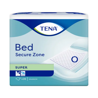 Das TENA Bed Super Bettschutzunterlagen-Paket von TENA – Essity Germany GmbH ist in beruhigendem Blau und Weiß gehalten und zeigt ein auffälliges Bild einer Bettunterlage. Es enthält detaillierte Produktinformationen wie die Abmessungen (60 x 90 cm) und wird in einer Packung mit 26 Stück geliefert. Dabei wird der Auslaufschutz und die superabsorbierenden Mikroperlen für eine optimale Inkontinenz-Schutzunterlage-Pflege hervorgehoben.