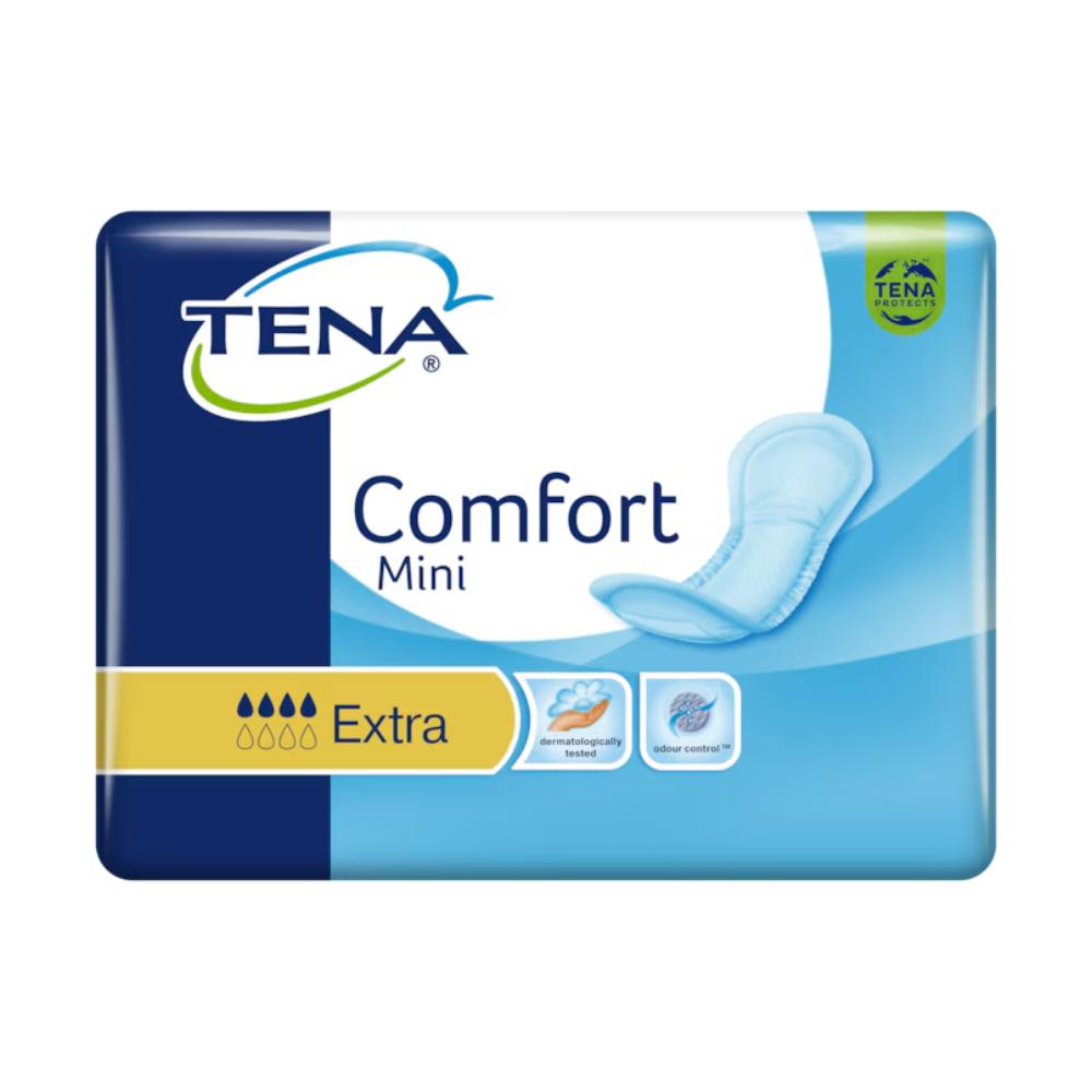 Bilden visar ett paket TENA Comfort Mini Extra inkontinensskydd i blå förpackning med texten „TENA“ och „Comfort Mini“. Det lyfter fram den Dry Fast Core-absorbenten för förbättrad absorptionsförmåga, tillsammans med symboler som indikerar att det är dermatologiskt testat och utvecklat för effektiv luktkontroll. Produkten är från TENA av Essity Germany GmbH och levereras i ett paket med 30 stycken.