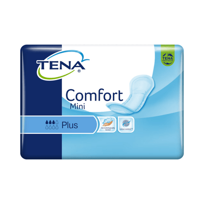 En förpackning TENA Comfort Mini Plus inkontinensskydd innehåller 30 inlägg som tillverkas med den senaste teknologin. Förpackningen är huvudsakligen blå och vit och visar TENA-logotypen samt symboler som framhäver absorptionsförmåga, komfort, luktkontroll och en Dry Fast Core för utmärkt skydd.