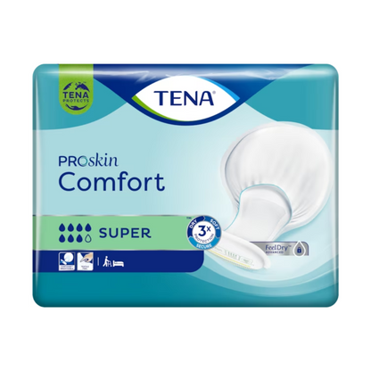 Die Verpackung der TENA Comfort Super Inkontinenzvorlage mit ihrer klaren Produktdarstellung betont durch eindeutige Icons die dermatologisch getesteten und Trockenheitsschutz-Eigenschaften. Das überwiegend in Blau und Grün gehaltene Design erleichtert die Identifizierung.