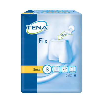 Förpackningen för TENA Fix inkontinens-fixeringsbyxor, tillverkad av TENA - Essity Germany GmbH, visar en bild av vita underkläder med etiketten "Cool Comfort". Den framhäver produkten som ett litet 5-pack och lägger fokus på elasticitet och läckageskydd för förbättrad komfort och säkerhet.